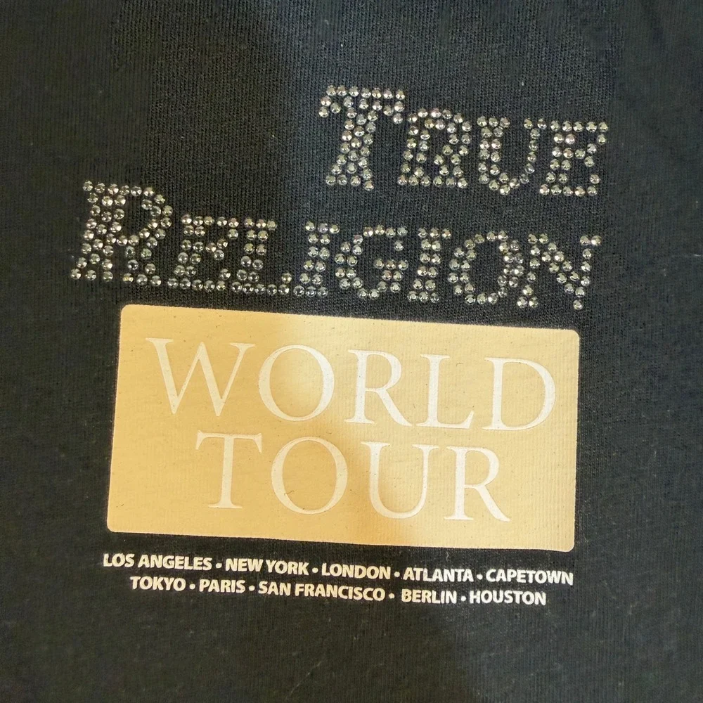 True Religion T-Shirt Mens M Crystal Poster Buddha Tee Jet Black 701581 NEW